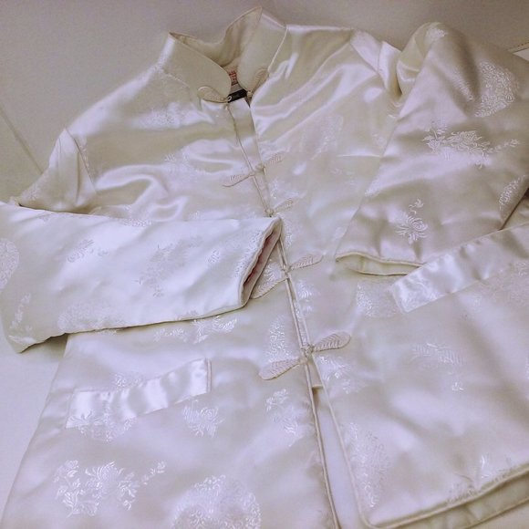 Vintage 80s NWT Fortune Quilted Jacket L Asian Brocade Pockets Frogs Satin Ivory - Picture 7 of 11